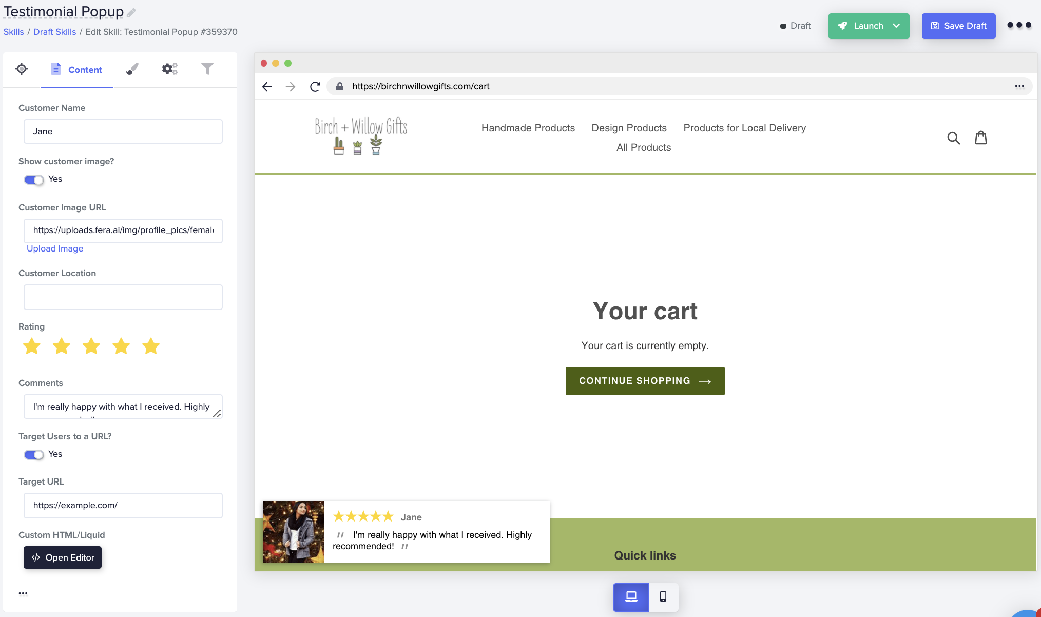 Testimonial Popup Content Tab In Cart