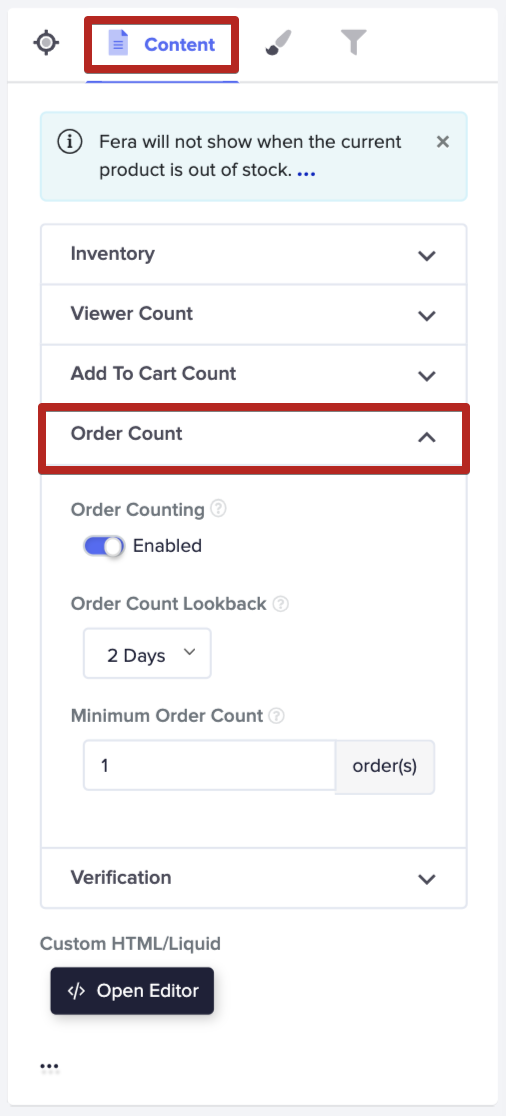 Low Stock Content Order Count
