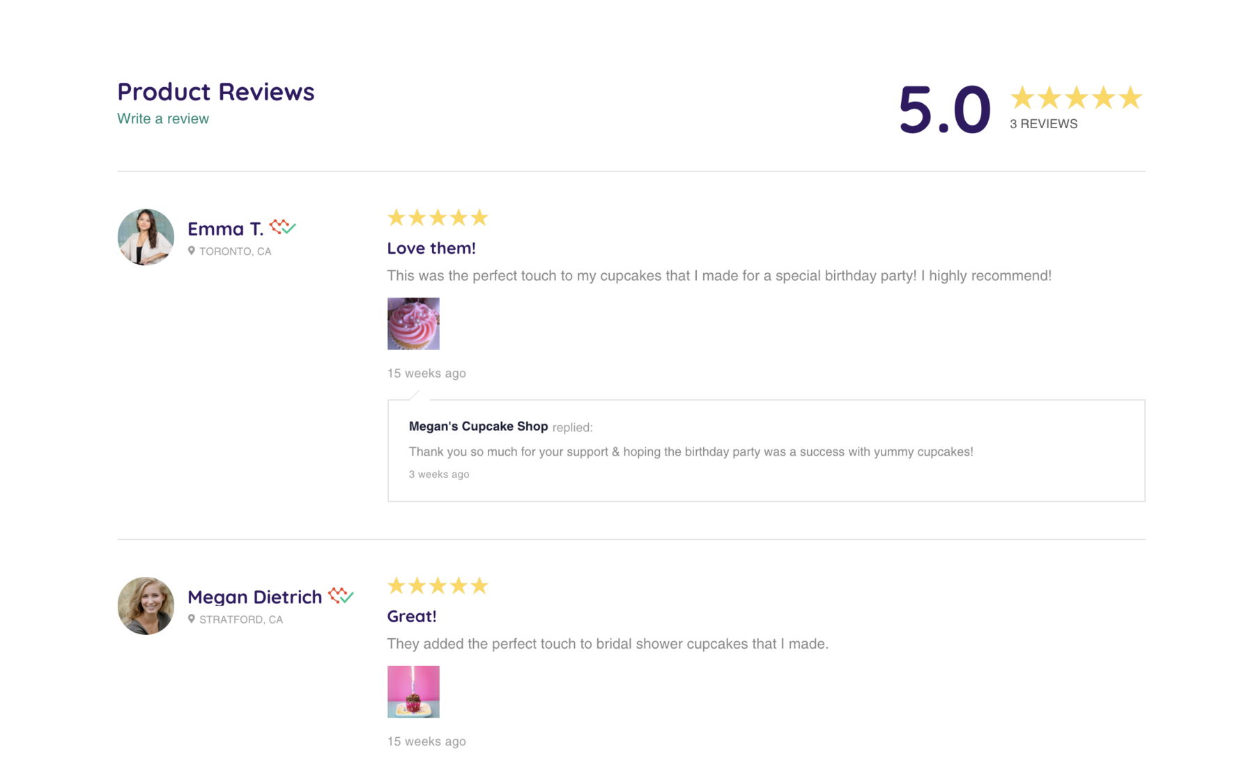 Product Reviews Cupcake Store Example